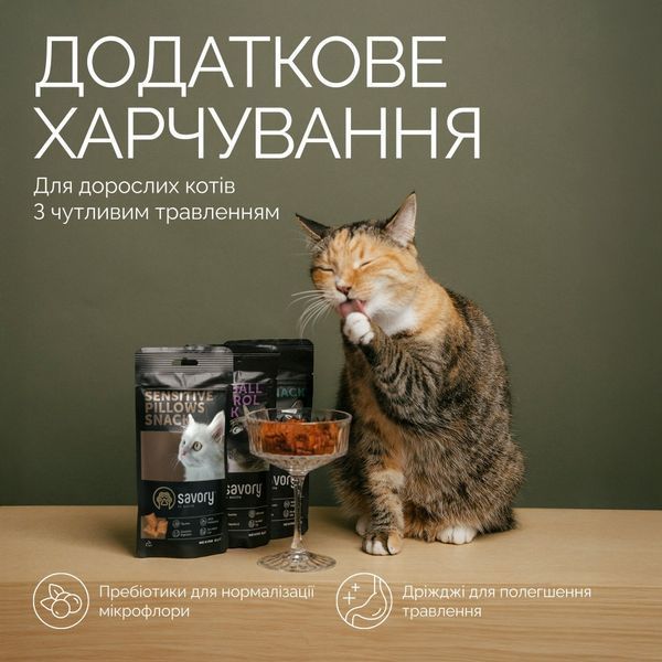 Хрумкі ласощі Savory Cats Snacks Pillows Sensitive для дорослих котів з чутливим травленням, 60 г 1111204199 фото