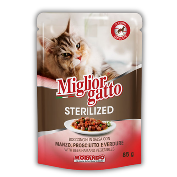 Беззернові консерви для стерилізованих котів Morando Migliorgatto Sterilized яловичина і шинка шматочки в соусі 85 g 01473 фото