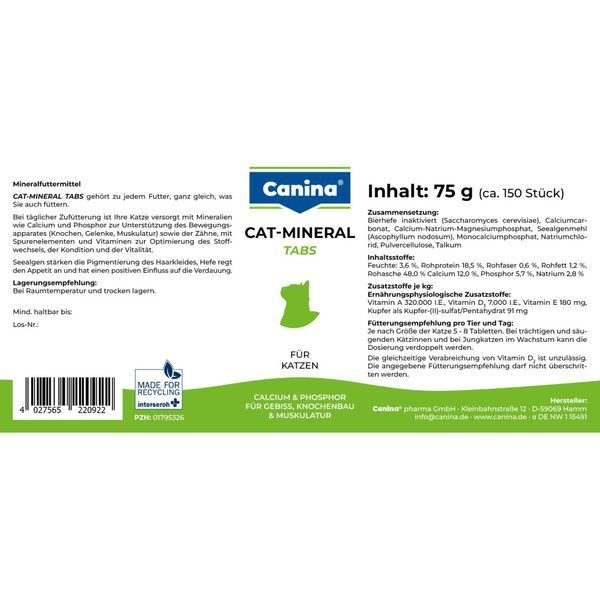 Вітамінно-мінеральний комплекс Canina Cat-Mineral Tabs для котів 75 г 150 табл. 1111111984 фото