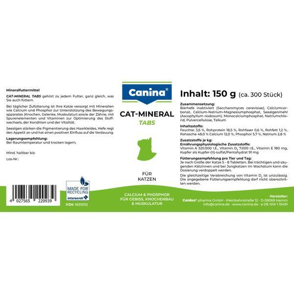 Вітамінно-мінеральний комплекс Canina Cat-Mineral Tabs для котів 150 г 300 табл. 1111111985 фото