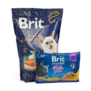 НАБІР Корм сухий Brit Premium Adult Salmon Sterilized д/котів лосось 1,5 кг + 4 паучі рибна тарілка 1111186560 фото