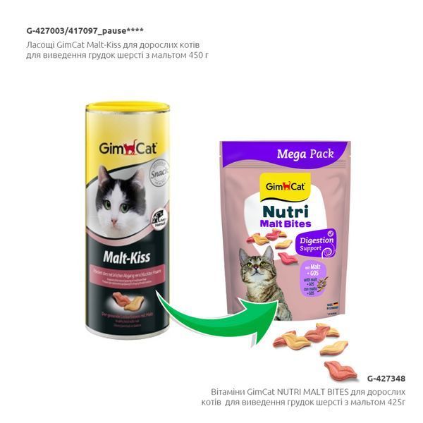 Вітаміни GimCat Nutri Malt Bites для дорослих котів для виведення грудок шерсті з мальтом 425 г 1111194548 фото