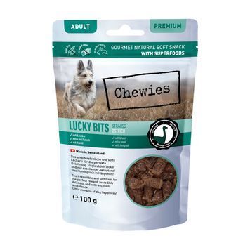 Натуральні ласощі з мʼяса Страуса Chewies Lucky Bits для дорослих собак 100 г 32174 фото