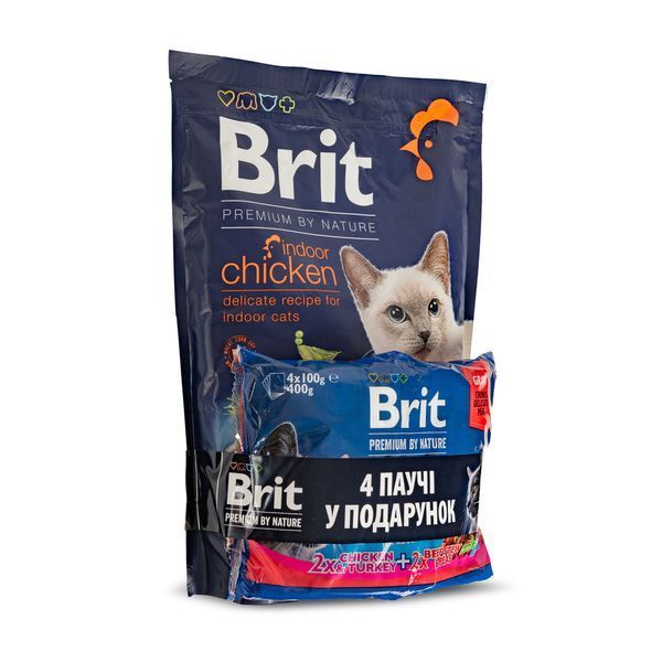 НАБІР Корм сухий Brit Premium Indoor Chicken д/домашніх котів курка 1,5 кг + 4 паучі М ясна тарілка 1111186559 фото