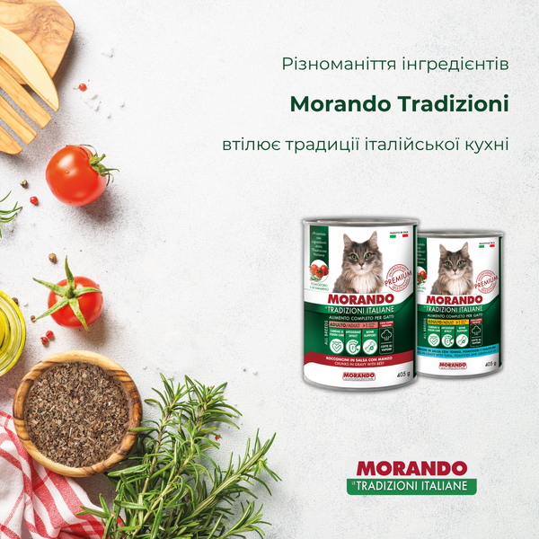 Консерви для котів Morando Tradizioni шматочки у соусі з тунцем, томатами та стручковою квасолею 405 g 02777 фото