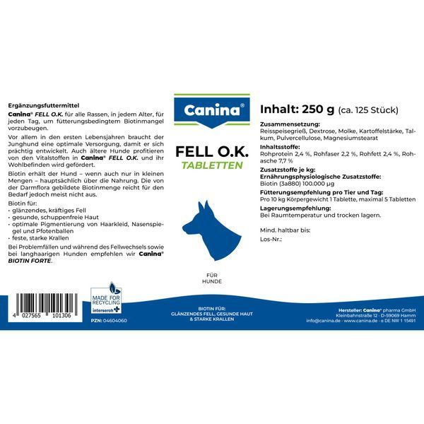 Вітамінний комплекс Canina Fell O.K. для собак Біотин для шерсті 250 г 125 табл. 1111111965 фото